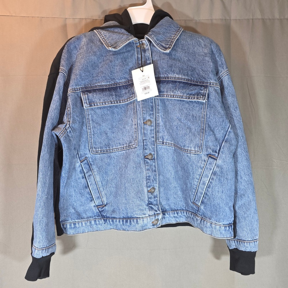 KBB by Kahlana Denim Hoodie Mixed Media Jacket Medium Wash Black XS KBBO-004